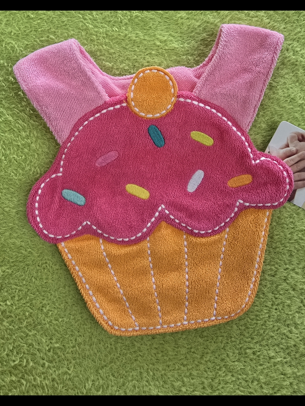NWT - Baby GIRLS - Pink & Orange Cupcake BIB + Multicolor Sprinkles - TERRY (Q2)